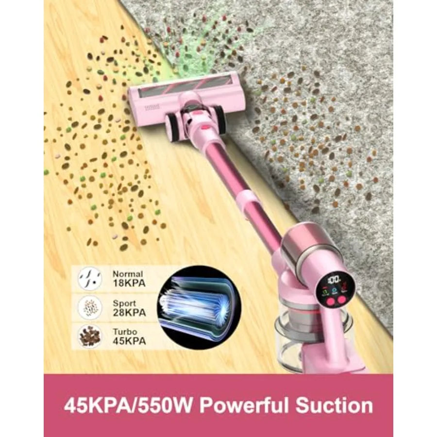 Pink Cordless Vacuum Cleaner 550W 45KPA Turbo Suction 60 Mins Runtime Self-Standing with LED Display Anti-Tangle Brush Stick Va