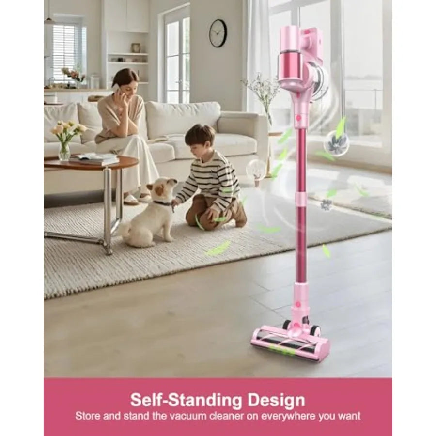 Pink Cordless Vacuum Cleaner 550W 45KPA Turbo Suction 60 Mins Runtime Self-Standing with LED Display Anti-Tangle Brush Stick Va