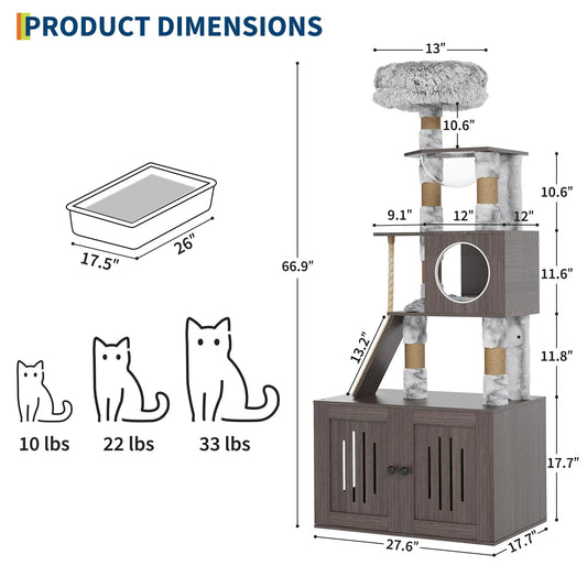66.9'' Multi-Level Cat Tree Tower with Enclosed Litter Box – Cat Furniture for Indoor